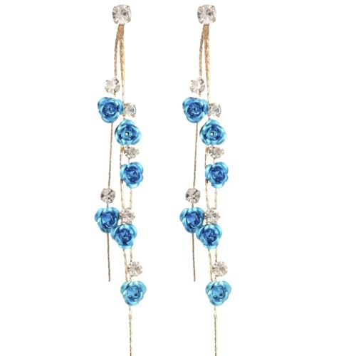 XIGAWAY Lange blaue Blumen-Rosen-Ohrringe für Frauen, elegante Legierung Tropfenohrringe mit Kristall-Strasssteinen von XIGAWAY