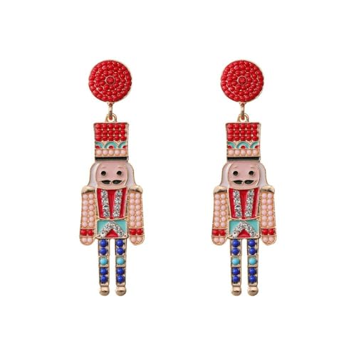 XIGAWAY Nussknacker-Soldat-Perlen-Tropfen-Ohrringe für Frauen, Weihnachtsprinzessin, baumelnde Ohrringe mit Strasssteinen (7 x 1,9 cm, 16,29 g), S, Zink, Kein Edelstein von XIGAWAY