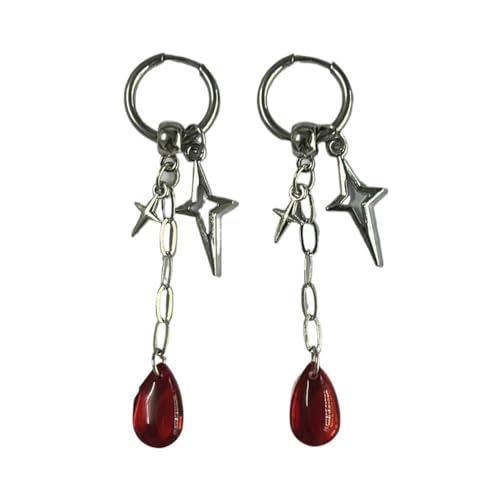 XIGAWAY Teardrop Creolen mit Stern Detail, Unisex Legierung Galvanisierte Ohrmanschetten für den täglichen Gebrauch (Rot/Schwarz), S, Metall, Kein Edelstein von XIGAWAY