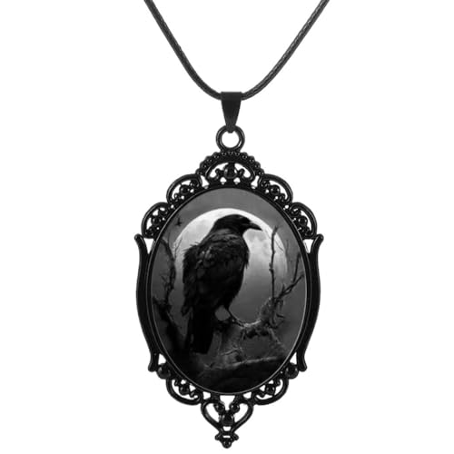 XIGAWAY Unisex Halskette mit Krähen- und Mond-Anhänger aus Glas, Gothic, galvanisierte Legierung, Choker von XIGAWAY