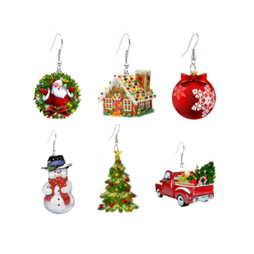 XIGAWAY Weihnachts-Acryl-Ohrringe – Feiertags-LKW, Schneemann und Baum baumelnde Ohrringe (6 festliche Designs, 4 g), S, Acryl, Ohne Schmucksteine von XIGAWAY