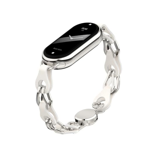 XIHAMA Uhrenarmband kompatibel mit Xiaomi Mi Band 8, durchbrochene Ring Design Ersatz Lederband Edelstahl Magnetverschluss Armband für Frauen (weiß) von XIHAMA