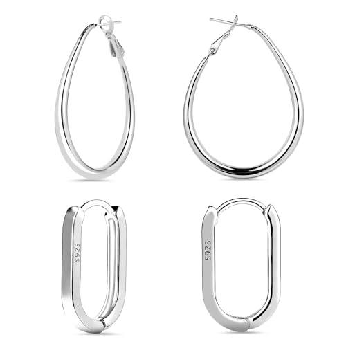 2 Paar Ohrringe aus Sterlingsilber, 2 Designs Große Ovale und Kleine Creolen, Silber Creolen Damen 925 Minimalistischer Schmuck für Frauen, Mädchen von XIHIRCD