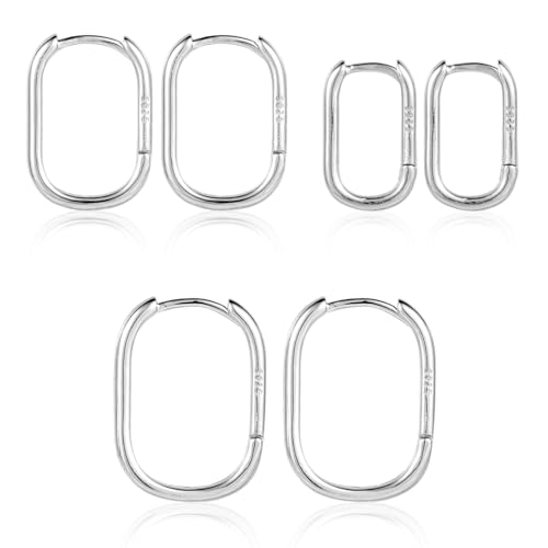 3 Paare S925 Sterling Silber Quadratische Creolen, Kleine Ovale Creolen U Förmig Klobig Minimalistische Ohrringe für Frauen Leicht Rechteckig für Mädchen Frauen Geschenk von XIHIRCD