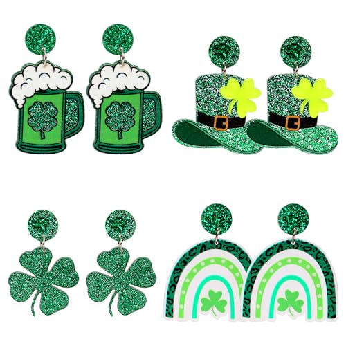 4 Paar St. Patrick's Day Ohrringe, Grüne Bierhut Kleeblatt Ohrringe Acryl Irisches Kleeblatt Baumelnde Ohrringe, St. Patrick's Day Schmuck für Frauen, Mädchen, Festival von XIHIRCD