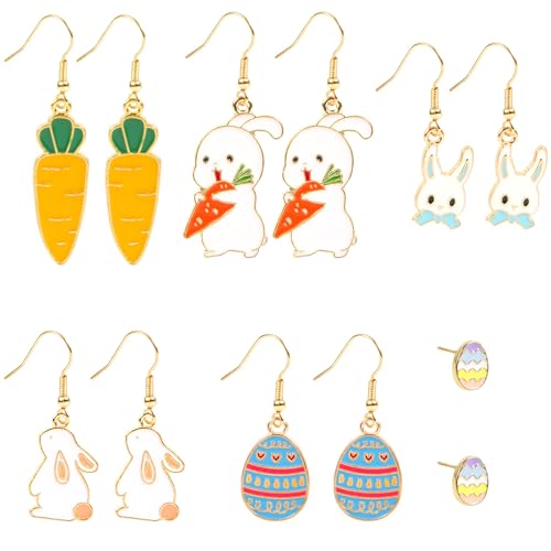 6 Paar Oster-Ohrringe für Damen, Niedliche Karotten-Häschen-Ohrringe Baumelnde bunte Eier-Ohrringe Ohrstecker Emaille Frühlings-Feiertags-Ohrringe Schmuck Geschenk für Mädchen Teenager von XIHIRCD