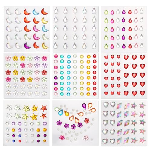 9 Blatt Gesichts Edelsteine, Bunte Gesichtsaufkleber Edelsteine Strasssteine für Make-up Mehrere Stile Haar Edelsteine Temporäre Tätowierung Diamant Juwelen für Frauen und Mädchen (Muster 2) von XIHIRCD