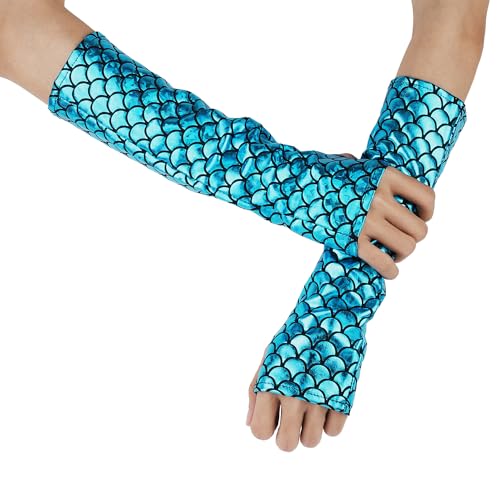 XIHIRCD Meerjungfrau Armstulpen, 29,5cm Lang Blau Glitzernd Fingerlose Handschuhe für Erwachsene Fischschuppen Handschuhe für Damen Mädchen Mottoparty Karneval Meerjungfrau Kostüm Halloween Cosplay von XIHIRCD