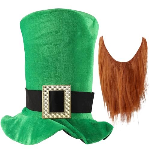 St. Patrick's Day Zylinder, Grüner Hut mit Bart St. Patrick's Day Zubehör Partygeschenke Goldener Knopf St. Patricks Day Kostüm Irische Partykleidung für Damen und Herren, Hut für Kobold von XIHIRCD