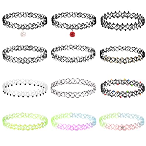 XIHIRCD 12stk Tattoo Halsband, Old-School Elastisch Schlüsselbein-Halskette mit Niedlichen Anhängern Dehnbare 90er 95er Accessoires Schmuckgeschenk für Frauen Mädchen Teenager (Mischfarbe) von XIHIRCD