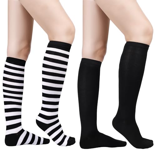 XIHIRCD 2 Paar Kniestrümpfe, Warme Mittwochs Cosplay Socken Weiche Wadensocken Sportsocken für Frauen Party Geschenk (Schwarz + Schwarze und Weiße Streifen) von XIHIRCD