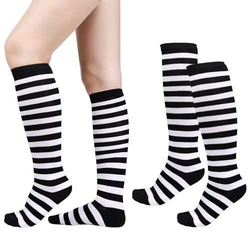 XIHIRCD 2 Paar Kniestrümpfe, Warme Mittwochs Cosplay Socken Weiche Wadensocken Sportsocken für Frauen Party Geschenk (Schwarze und Weiße Streifen) von XIHIRCD