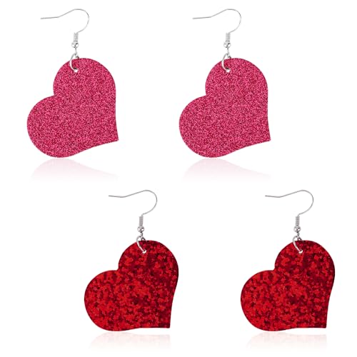 XIHIRCD 2 Paare Valentinstagohrringe, Kunstleder Herzbaumohrringe Große Herzohrringe mit Glitzer und Pailletten Valentinstagliebesohrringe Als Valentinstagsgeschenk (Rote Serie) von XIHIRCD