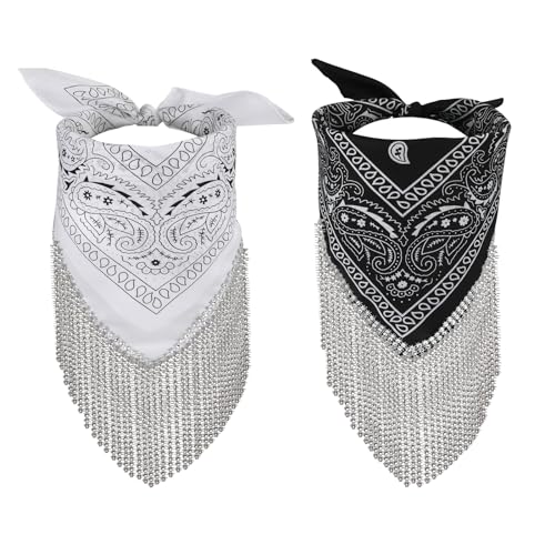 XIHIRCD 2 Stück Strass Bandanas, Paisley Bandana mit Fransen, Glitzernde Disco-Cowgirl-Bandanas, Partyzubehör für Männer und Frauen von XIHIRCD