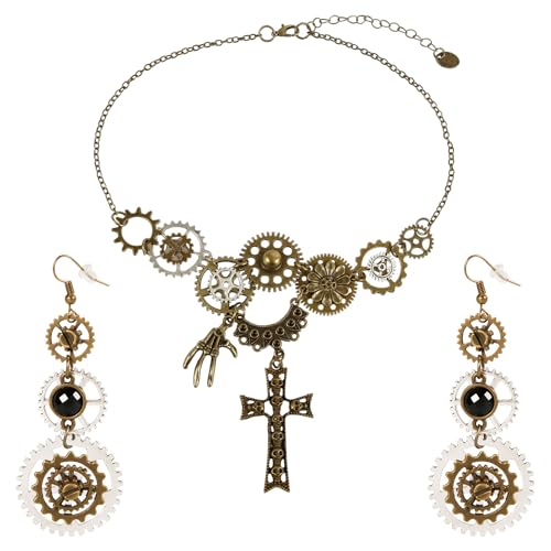 XIHIRCD 3st Steampunk Accessoires Damen, Steampunk Schmuck Set Inklusive Zahnräder Halskette und Tropfen Ohrringe Vintage Steampunk Kostüm Zubehör für Mädchen Cosplay Karneval Halloween von XIHIRCD