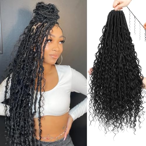 XIIMENALU Boho Faux Locs Crochet Hair 8 Packs Goddess Soft Locs with Curly Ends Pre-Looped Bohemian River Locs Crochet Hair Extensions for Black Women (1B#, 30Inch(Pack of 8)) von XIIMENALU