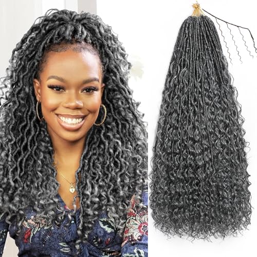 XIIMENALU Boho Faux Locs Crochet Hair 8 Packs Goddess Soft Locs with Curly Ends Pre-Looped Bohemian River Locs Crochet Hair Extensions for Black Women (F1B/Grey#, 18Inch(Pack of 8)) von XIIMENALU