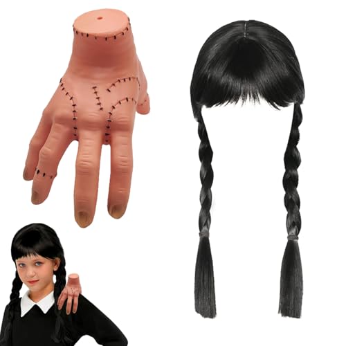 XILEPINGAN Mittwoch Perücke Mit Pony, Eiskaltes Händchen, Realistic Scarred Händchen Und Perücken mit Pony Zopf, für Adams Cosplay Party Fasching Karneval Halloween von XILEPINGAN