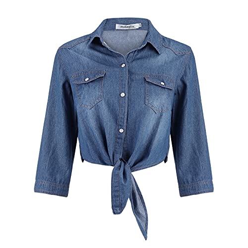 XIMIN Frauen 3/4 Ärmel Button Down Crop Jean Top Jeanshemd Jeansjacken Damen Herbst Winter Lässige Knoten Krawatte Kurze Jeansjacke von XIMIN