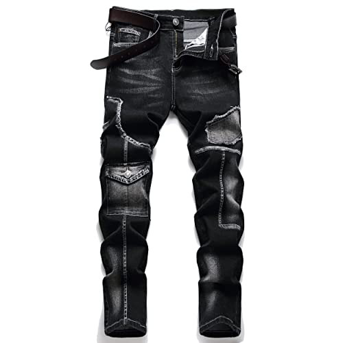 XIMXIMMTIAN Herren Biker Moto Washed Distressed Slim Fit Straight Jeans Denim, 2130 Black, 50 von XIMXIMMTIAN