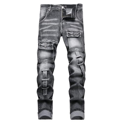 XIMXIMMTIAN Herren Biker Moto Washed Distressed Slim Fit Straight Jeans Denim, 2133 Schwarz, 54 von XIMXIMMTIAN