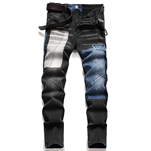 XIMXIMMTIAN Herren Biker Moto Washed Distressed Slim Fit Straight Jeans Denim, 9237 Blau und Schwarz, 48 von XIMXIMMTIAN