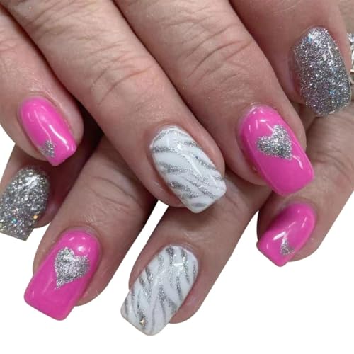 24 Stück Valentinstag Themed Silber Glitzer Herz Falsche Nägel Acryl Drücken Sie auf Nägel für Mode Frauen von XINAJUND
