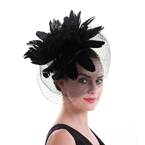 Fascinator Damen Feder Kopfschmuck mit Stirnband Haarklammer Blume Mesh Feder Fascinator groß Bankett Haarschmuck Vintage Cocktail Kopfbedeckung Haarreif Brautschleier für Bankett Teeparty Hochzeit von XINCHI