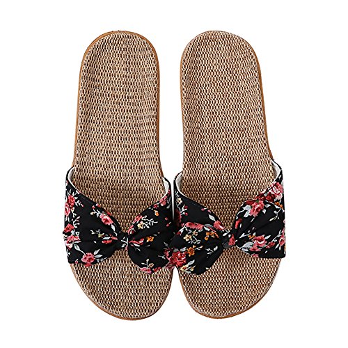 Hausschuhe rutschfest Slipper Schleife Muster Flacheschuhe Gummisohle Sommerschuhe Leinen Puschen Bequem Pantoffeln Sommer Pantoletten Herren Strandschuhe Damen Sandalen Draußen Puschen Drinnen von XINCHI