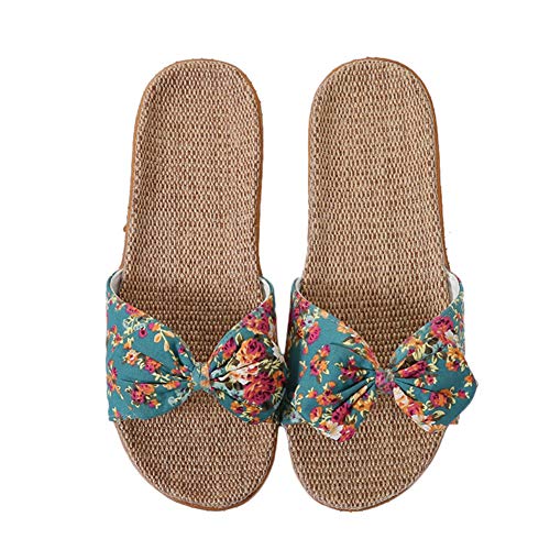 Hausschuhe rutschfest Slipper Schleife Muster Flacheschuhe Gummisohle Sommerschuhe Leinen Puschen Bequem Pantoffeln Sommer Pantoletten Herren Strandschuhe Damen Sandalen Draußen Puschen Drinnen von XINCHI