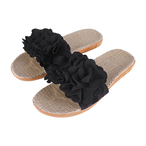 Hausschuhe rutschfest Slipper Schleife Muster Flacheschuhe Gummisohle Sommerschuhe Leinen Puschen Bequem Pantoffeln Sommer Pantoletten Herren Strandschuhe Damen Sandalen Draußen Puschen Drinnen von XINCHI