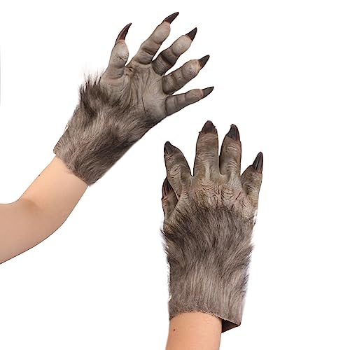 XINCHI Halloween Werwolf Handschuhe Krallen Handschuhe Unisex Tierhandschuhe mit Langen Fingernägeln Wolfshandschuhe Horror Plüsch Haarige Monster Kostüm für Halloween Fasching Rollenspiele von XINCHI