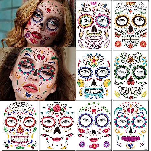 XINDY 8 Stück Halloween Tattoo Gesicht Tag der Toten Schminke Halloween Totenkopf Gesichtstattoo Aufkleber für Kinder Erwachsene Halloween Dia De Los Muertos Kostüm Damen Accessoires von XINDY