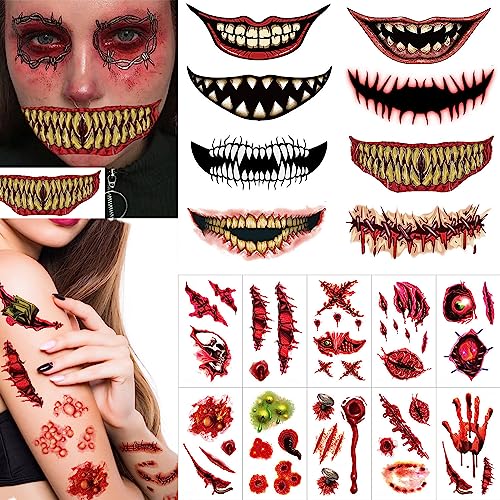 XINDY Halloween Scar Tattoos, 18 sheet Halloween Tattoo Mund Totenkopf Skull zum Aufkleben für Das Gesicht Narben Tattoo Halloween Make up Tattoo Horror Halloween Party Cosplay Kostüm Accessoires von XINDY