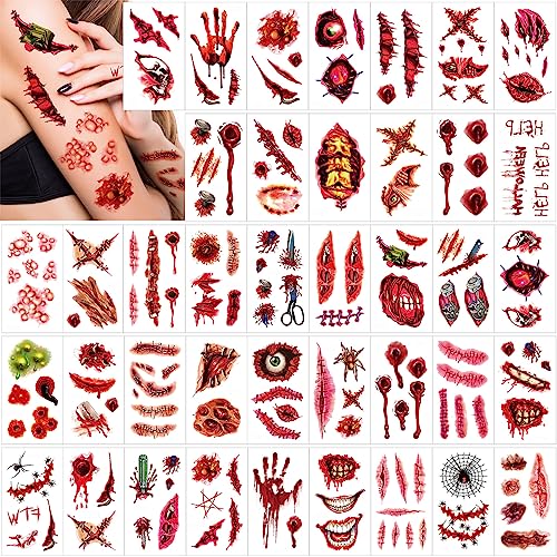 XINDY Halloween Tattoo Gesicht, 40 Blatt Horror Narben Tattoo Halloween Schminke Zombie Vampir Wunden Halloween Make Up Tattoos Aufkleber fur Kinder Herren Damen Halloween Cosplay Kostum Accessoires von XINDY