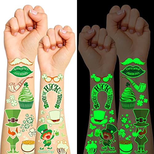 XINDY St Patricks Day Tattoos Kinder, 12 Blatt Leuchtende Temporäre Tattoos Kindertattoos Kleeblatt Klebetattoos Kinder für St Patricks Day Deko Accessoires Irischer Deko Kobold Kostüm Kinder von XINDY