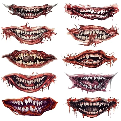 XINDY Halloween Tattoo Gesicht, 10 Blatt Halloween Tattoo Mund Horror Totenkopf Gesichtstattoo Aufkleber Klebe Tattoo Halloween Make up Tattoo für Kinder Erwachsene Halloween Kostüme Accessoires von XINDY