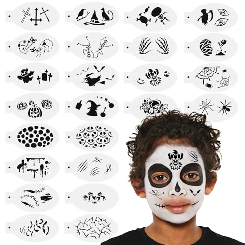 XINDY 22 Stück Halloween Schminke Schablonen Totenkopf Fledermaus Spinne Kürbis Gesichtsfarben Kinderschminken Tattoo Schablonen für Kinder Erwachsene Halloween Karneval Party Make Up von XINDY