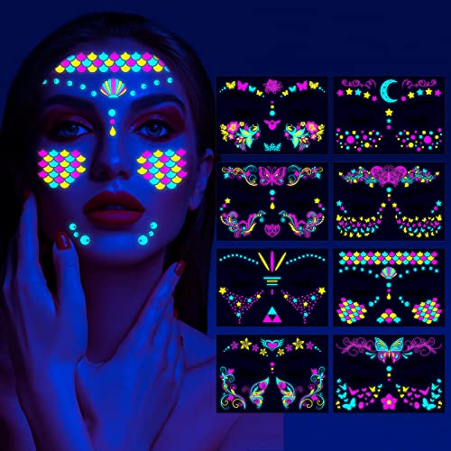 XINDY 8 Blätter Neon Gesichtstattoo Schwarzlicht Schminke UV Face Tätowierung Makeup Aufklebe Temporäre Klebetattoos für Erwachsene Frauen Neon party deko Fasching Karneval Festival Accessoire von XINDY
