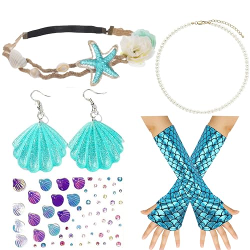 XINDY Meerjungfrau Kostüm Damen Mädchen, Meerjungfrau Haarreif Meerjungfrau Haarschmuck Muschel Ohrringe Perlenkette Handschuhe Meerjungfrau Accessoires Damen Fisch Kostüm Fasching Karneval Kostüm von XINDY