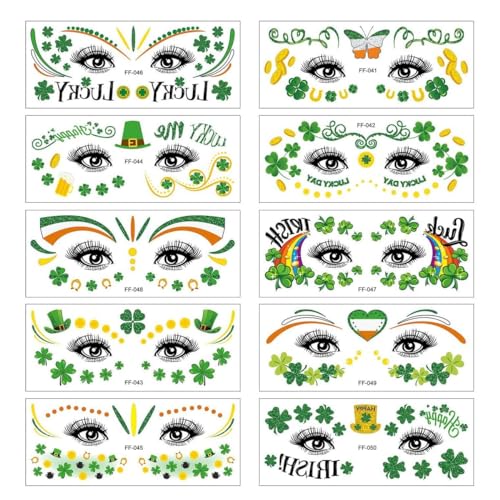XINDY St Patricks Day Gesichtstattoo, 10 Blätter St Patricks Day Deko Kleeblatt Tattoo Gesicht Aufkleber Temporäre Tattoos für Erwachsene Kinder Irland St. Patricks Day Accessoires Kostüm Dekoration von XINDY