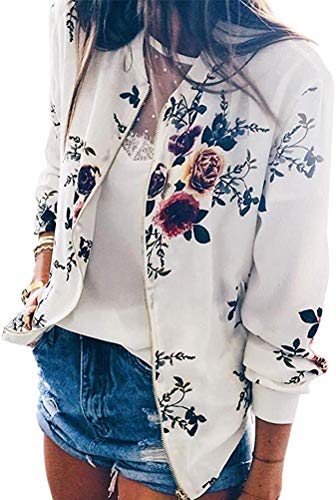 XINGENG Bomberjacke Damen Blumen Leicht Kurze Jacke Frühling Herbst Reißverschluss Stehkragen Casual Coat Outwear (Weiß, m) von XINGENG