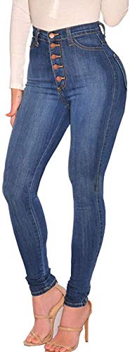 XINGENG Damen Jeans Skinny High Waist Stretch Button Bleistift Jeanshosen Große Größen (Dunkel Blau,M) von XINGENG