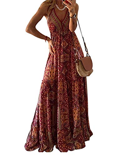Damen Sommerkleider SchlingeMaxikleid Ärmelloses Strandkleider Casual Strand Kleider Elegant Lange Kleid (Rot, M) von XINGENG