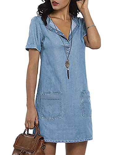 XINGENG Jeanskleid Sommerkleid Damen Jeans Kleider V-Ausschnitt Kurzarm Partykleid Tunika Hemd Blusenkleid Knielang Kleid (B Blau, XL) von XINGENG