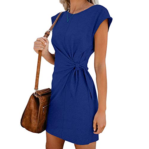 XINGENG Sommerkleid Damen Elegant Casual Kurzarm Einfarbig Rundhals Party Kurze Kleider Strandkleid Minikleider (blu, m) von XINGENG