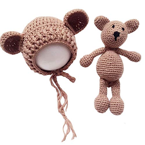 XINGENG Unisex Neugeborene Fotografie kostüm Gestrickte Mütze und Puppe Set Fotoshooting Requisiten Funny Bekleidung (0-2M) (Braun) von XINGENG