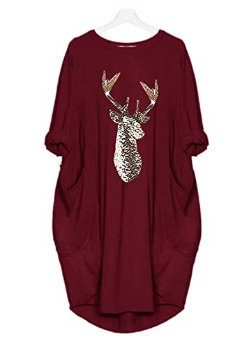 Weihnachtskleid Damen Große Größen Pailletten Glitzer 3D Optiken Weihnachten Jumperkleid mit Rentier Gedruckt Goldene Weihnachten Sweatkleider Damen Ausgestellte Minikleid Christmas (Rot,4XL) von XINGENG