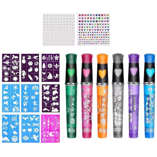 6 Color Body Art Pen Set Für Kinder Erwachsene Glitzernde Temporäre Körperkunststift Waschmaschine Mit Schablonen Und Aufkleber Temporärer Hautmarker von XINGLIDA