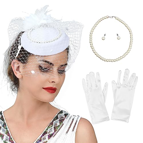 XINGLIDA Haarnadel, 1 Set Damen-Netzschleier und Hut, Haarreif mit Perlenohrringen, Halskette und Handschuhen, Halloween, Cosplay, Abschlussball, Partyzubehör für Damen (W#) von XINGLIDA